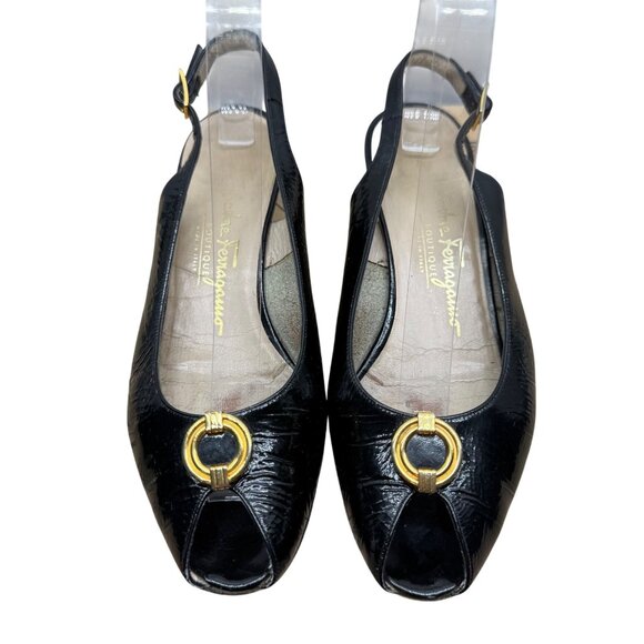 Salvatore Ferragamo Black Patent leather peep toe slingback heels Women's sz 7B - Picture 3 of 12